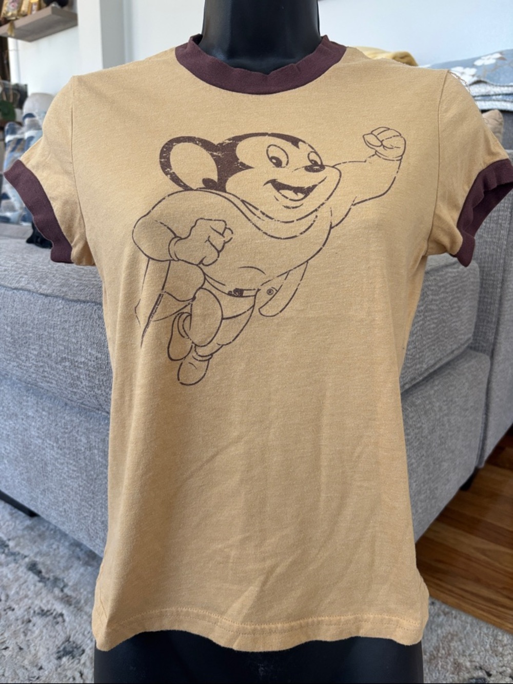 Junk Food Clothing Tan Tee with Brown Trim and Mighty Mouse Graphic size L